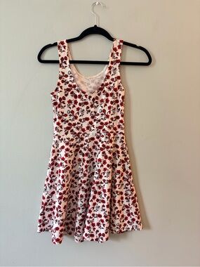 H&M White Floral Fit-and-Flare Dress with Red Rose Print
